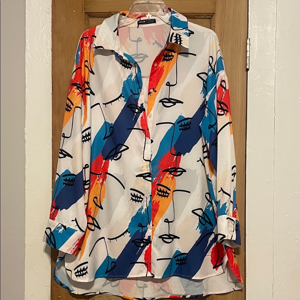 SHEIN Multicolor Abstract Face Print Button Down Shirt Dress